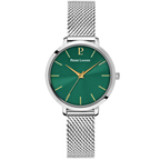 Pierre Lannier 046H671 | Montre Femme à Quartz 30 mm – Cadran Vert Soleillé, Boîtier en Acier Inoxydable Argenté, Bracelet Milanais en Acier Argenté