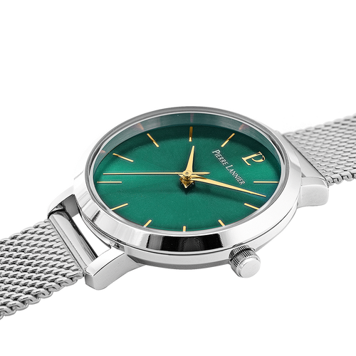 Pierre Lannier 046H671 | Montre Femme à Quartz 30 mm – Cadran Vert Soleillé, Boîtier en Acier Inoxydable Argenté, Bracelet Milanais en Acier Argenté