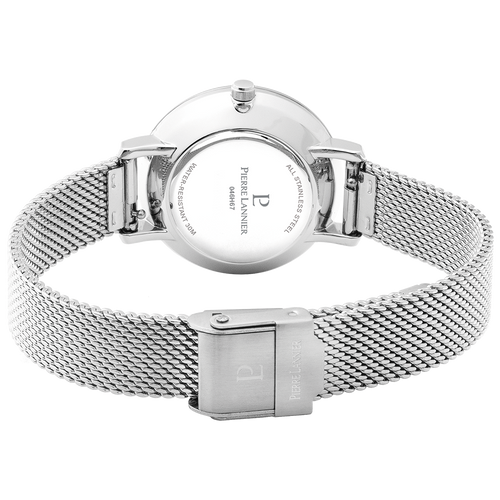 Pierre Lannier 046H671 | Montre Femme à Quartz 30 mm – Cadran Vert Soleillé, Boîtier en Acier Inoxydable Argenté, Bracelet Milanais en Acier Argenté