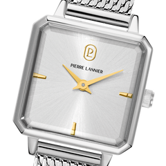 Pierre Lannier LEONOR 071H621 Montre Femme à Quartz, Boîtier Carré en Acier Inoxydable Argenté, Cadran Soleillé Argenté, Bracelet Milanais 12 mm, Étanche 30 m