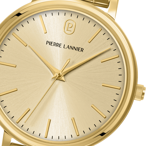 Montre femme Pierre Lannier Essential 089K542 en acier doré avec cadran doré soleillé et bracelet acier doré 14 mm
