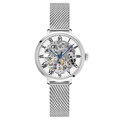 Montre femme Pierre Lannier 137H601 en acier milanais argenté avec cadran squelette blanc et aiguilles bleues