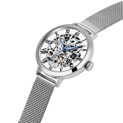 Montre femme Pierre Lannier 137H601 en acier milanais argenté avec cadran squelette blanc et aiguilles bleues