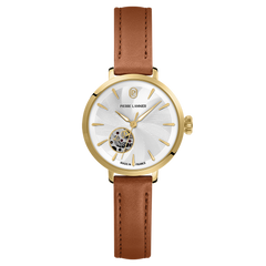 Montre femme Pierre Lannier Soline 139L524 en acier doré avec cadran nacré cœur ouvert et bracelet cuir brun 12 mm