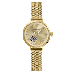 Montre femme Pierre Lannier Soline 139L542 automatique en acier milanais doré avec cadran doré texturé à cœur ouvert