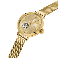 Montre femme Pierre Lannier Soline 139L542 automatique en acier milanais doré avec cadran doré texturé à cœur ouvert