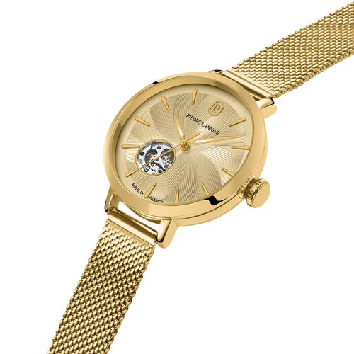 Montre femme Pierre Lannier Soline 139L542 automatique en acier milanais doré avec cadran doré texturé à cœur ouvert