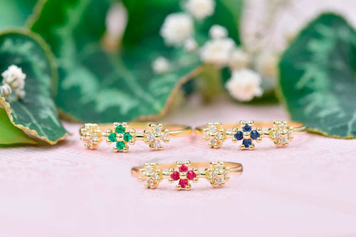 Bague Leurelor 18K Or Jaune Fleurs Saphir véritable & Diamants Bague Leurelor