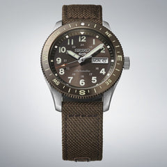 Seiko HDB009K1 Montre Homme Seiko 5 Sports Field Automatique - Cadran Marron, Bracelet Nylon et Cuir, Lunette Boussole, Étanche 100M, Style Outdoor et Fiabilité Quotidienne