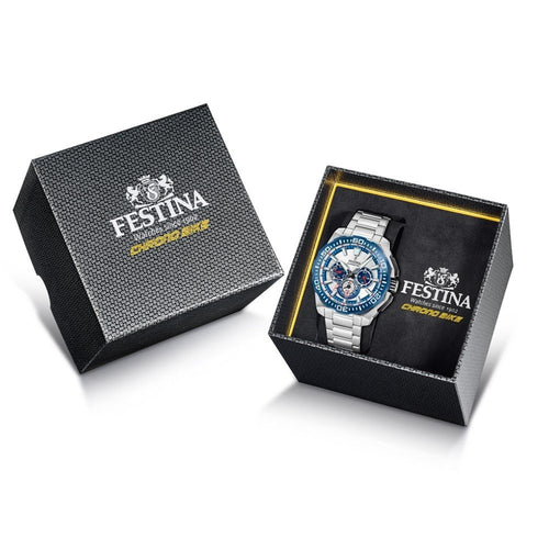 Festina F20724 1 Montre Homme Chronographe Quartz Cadran Argent Lunette Bleue Bracelet Acier Inoxydable Style Sportif et Performance Quotidienne