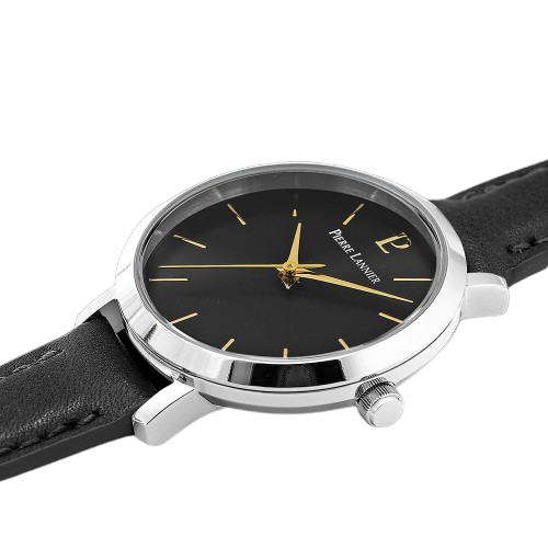 Pierre Lannier 034N633 Montre Femme CHOUQUETTE Argentée – Cadran Soleil Noir, Bracelet Cuir Noir, Quartz