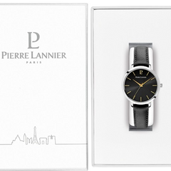 Pierre Lannier 034N633 Montre Femme CHOUQUETTE Argentée – Cadran Soleil Noir, Bracelet Cuir Noir, Quartz