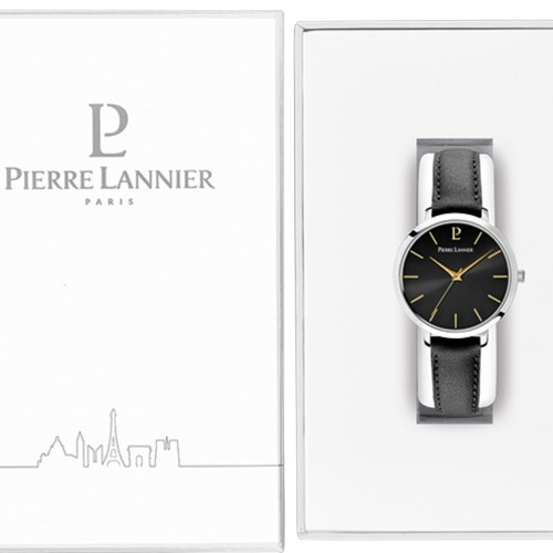 Pierre Lannier 034N633 Montre Femme CHOUQUETTE Argentée – Cadran Soleil Noir, Bracelet Cuir Noir, Quartz