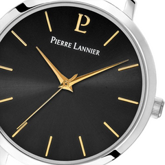 Pierre Lannier 034N633 Montre Femme CHOUQUETTE Argentée – Cadran Soleil Noir, Bracelet Cuir Noir, Quartz