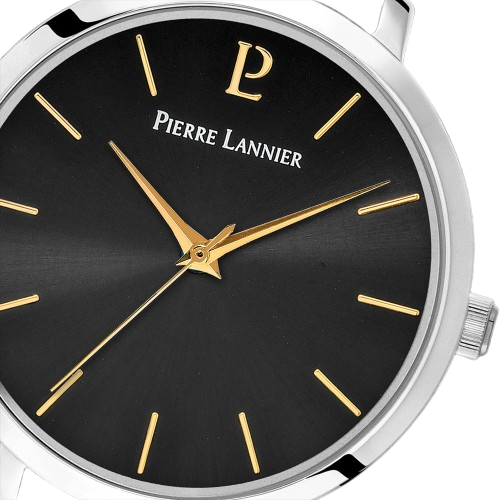 Pierre Lannier 034N633 Montre Femme CHOUQUETTE Argentée – Cadran Soleil Noir, Bracelet Cuir Noir, Quartz