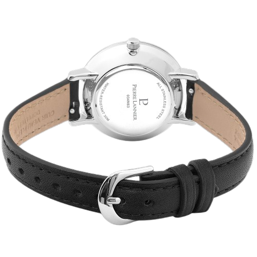 Pierre Lannier 034N633 Montre Femme CHOUQUETTE Argentée – Cadran Soleil Noir, Bracelet Cuir Noir, Quartz
