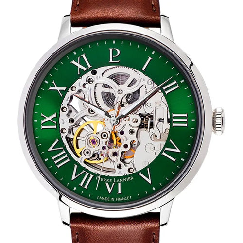 Pierre Lannier 323D174 Montre Homme Automatique Bracelet Cuir Marron Cadran Squelette Vert – Élégance Premium, Mouvement Automatique & Style Intemporel