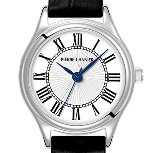 Pierre Lannier 020L603 Montre Femme Pya Bracelet Cuir Noir – Cadran Blanc à Chiffres Romains, Mouvement Quartz & Élégance Intemporelle