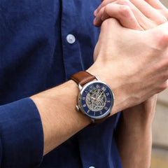 Pierre Lannier 322B164 Montre Homme Automatique Bracelet Cuir Marron Cadran Bleu – Élégance Intemporelle, Mécanisme Visible & Style Premium