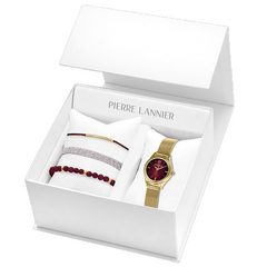 Pierre Lannier 169D552 Montre Femme PYA Coffret Bracelet Acier Milanais Doré – Cadran Fumé Bordeaux, Mouvement Quartz & 3 Bijoux Interchangeables