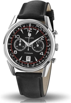 Montre chronographe Lip Himalaya 40 pour homme – Cadran noir haut de gamme, bracelet en cuir – Montre-bracelet de luxe Homme LIP