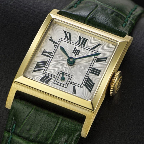 Montre femme Lip Churchill C18 671949, cadran argenté, boîtier doré, bracelet en cuir vert – Design rectangulaire classique et élégant Femme LIP