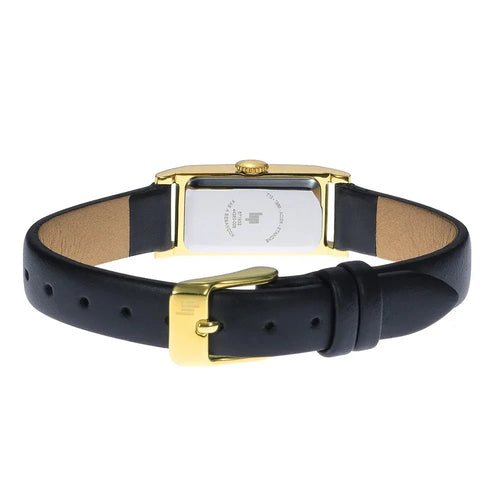 Montre femme Lip Churchill T13 671932, cadran doré, boîtier doré, bracelet en cuir noir – Design rectangulaire fin et élégant Femme LIP