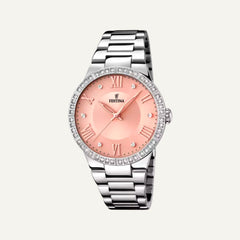 Montre Festina F16719/3 femme, boîtier acier 36,5 mm avec zirconiums, cadran rose, bracelet acier, mouvement quartz Miyota.