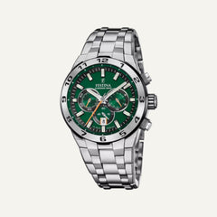 Montre Homme Festina F20670/2 collection Chrono Bike avec cadran vert et bracelet en acier inoxydable gris.