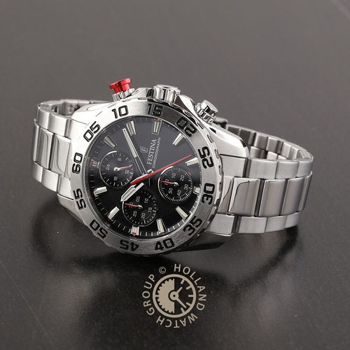 Montre homme Festina F20457/3, cadran noir, bracelet en acier inoxydable, chronographe, affichage de la date, mouvement à quartz, design sport Homme FESTINA