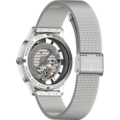 Montre homme Festina F20534/1 à cadran squelette, bracelet en maille d'acier inoxydable argenté, mouvement automatique, aiguilles bleues, design élégant à cœur ouvert Homme FESTINA