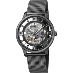 Montre homme Festina F20535/1 à cadran squelette, bracelet en maille d'acier inoxydable, mouvement automatique, design cœur ouvert, style classique et élégant. Homme FESTINA
