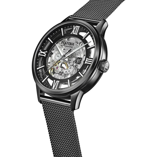 Montre homme Festina F20535/1 à cadran squelette, bracelet en maille d'acier inoxydable, mouvement automatique, design cœur ouvert, style classique et élégant. Homme FESTINA