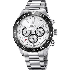 Montre homme Festina F20575/1, cadran blanc, bracelet en acier inoxydable, chronographe, affichage de la date, mouvement à quartz, design sport classique. Homme FESTINA