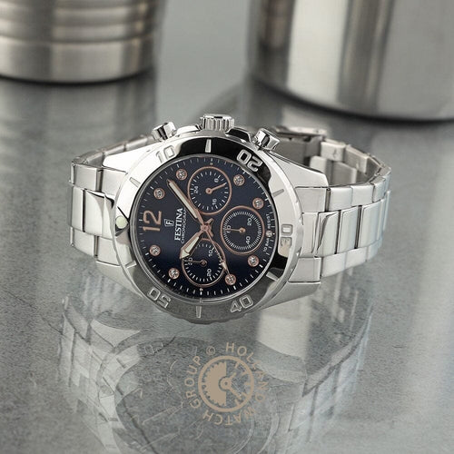 Montre homme Festina F20603/3, cadran bleu, bracelet en acier inoxydable, chronographe, affichage de la date, mouvement à quartz, design sport classique. Homme FESTINA