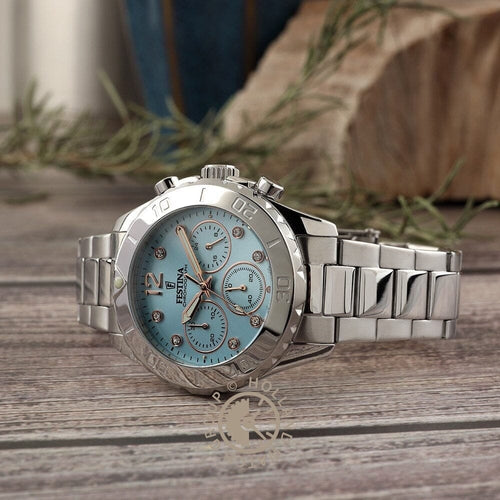 Montre homme Festina F20603/4, cadran bleu clair, bracelet en acier inoxydable, chronographe, affichage de la date, mouvement à quartz, design sport élégant. Homme FESTINA