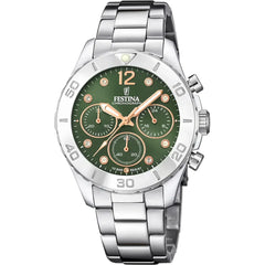 Montre homme Festina F20603/5, cadran vert, bracelet en acier inoxydable, chronographe, affichage de la date, mouvement à quartz, design sport élégant. Homme FESTINA