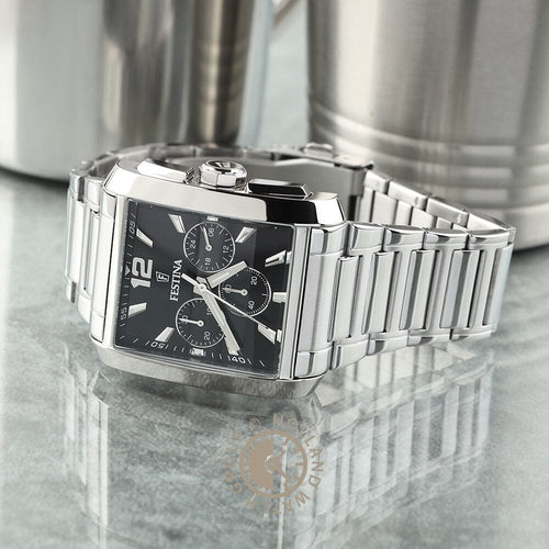 Montre homme Festina F20635/4, cadran noir, bracelet carré en acier inoxydable, chronographe, affichage de la date, mouvement à quartz, design classique et élégant. Homme FESTINA