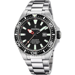 Montre homme Festina F20663/3, cadran noir, bracelet en acier inoxydable, affichage de la date, mouvement à quartz, style plongeur, design sportif. Homme FESTINA