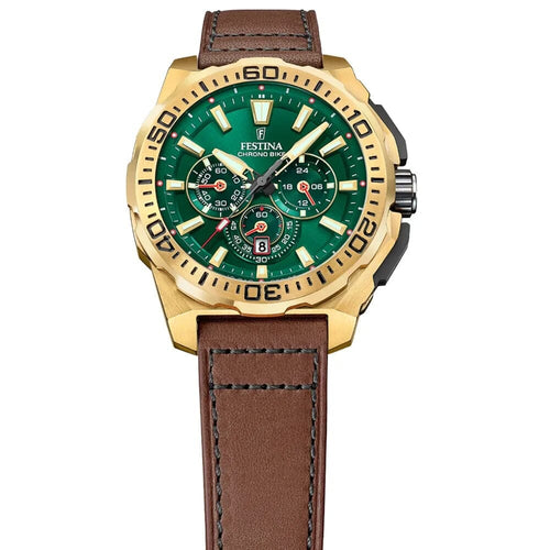 Montre homme Festina F20728/2, cadran vert, boîtier doré, bracelet en cuir marron, chronographe, affichage de la date, mouvement à quartz, design sport classique. Homme FESTINA