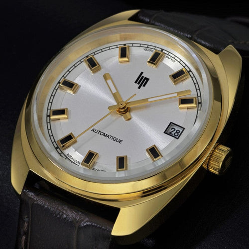 Montre homme Lip Général de Gaulle 35 mm 671881, cadran argenté, boîtier doré, bracelet en cuir noir – Design classique et élégant Homme LIP