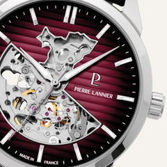 Montre Homme Monarck 315D153 en Acier Argenté avec Cadran Bordeaux et Bracelet Cuir Noir Homme PIERRE LANNIER