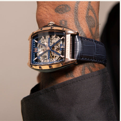 Montre Homme Montignac Automatique Cuir Bleu MOW412 Tonneau Squelette Homme MONTIGNAC