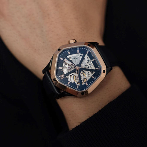 Montre Homme Montignac Automatique Cuir noir MOW1013 Pentagon Squelette Homme MONTIGNAC