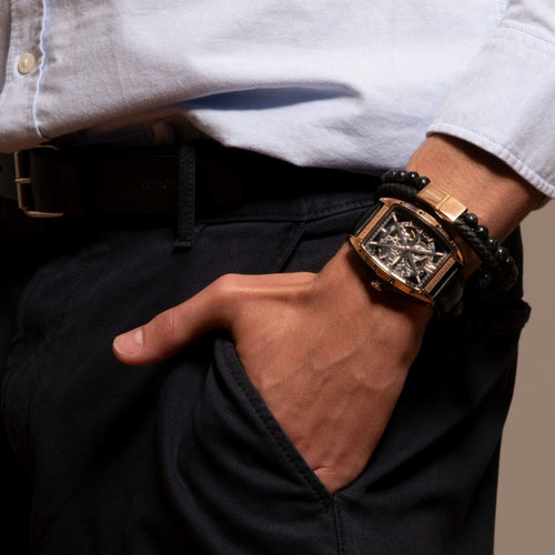 Montre Homme Montignac Automatique Cuir noir MOW201 Tonneau Squelette Homme MONTIGNAC