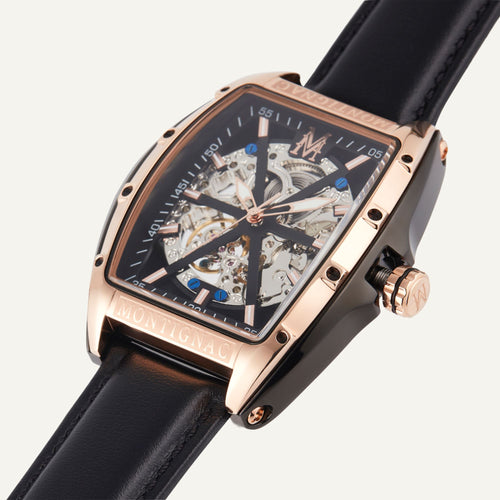 Montre Homme Montignac Automatique Cuir noir MOW201 Tonneau Squelette Homme MONTIGNAC