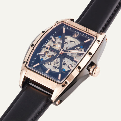 Montre Homme Montignac Automatique Cuir noir MOW605 Tonneau Squelette Homme MONTIGNAC