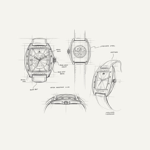 Montre Homme Montignac Automatique Cuir noir MOW605 Tonneau Squelette Homme MONTIGNAC