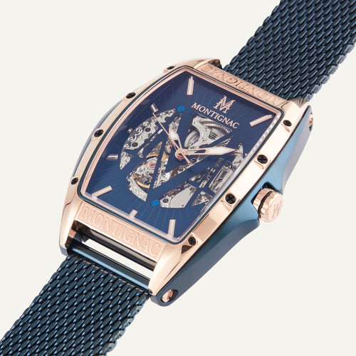 Montre Homme Montignac Automatique Milanais bleu MOW706 Tonneau Squelette Homme MONTIGNAC