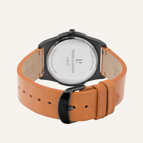 Montre Homme Pierre Lannier CANDIDE Cadran Noir Bracelet Cuir Camel Homme PIERRE LANNIER